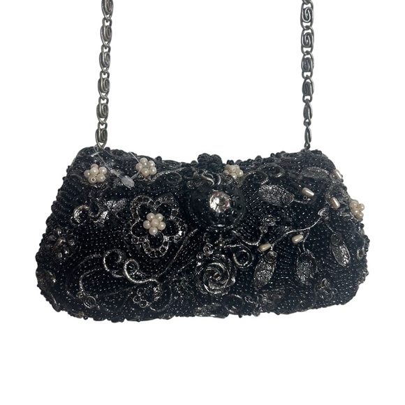 Mary Frances Handbags - Mary Frances Black Beaded Pearl Rhinestone Silver Evening Shoulder Bag EC